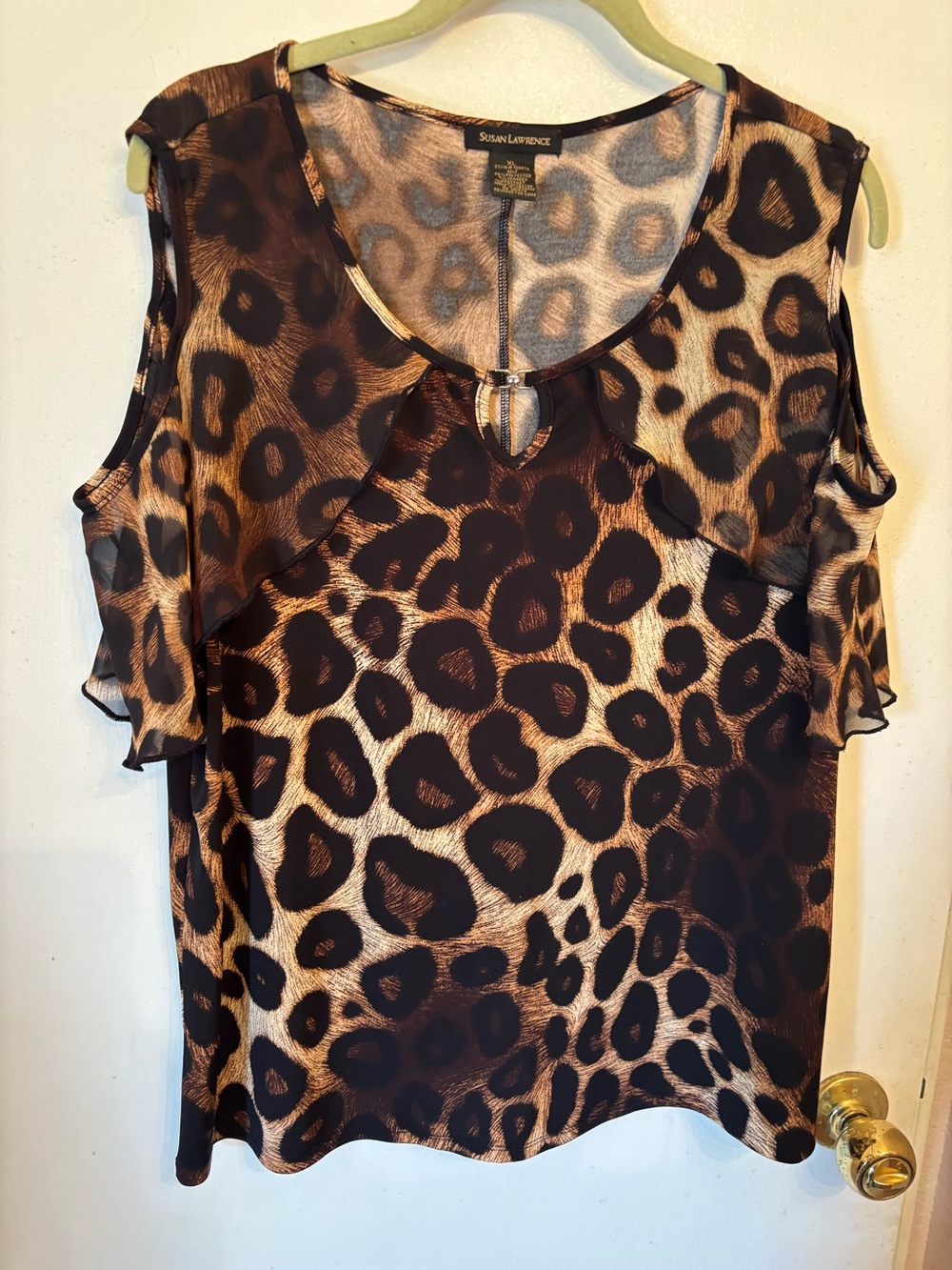 Susan Lawrence Leopard Print Cold-Shoulder Camisole in Brown and Black